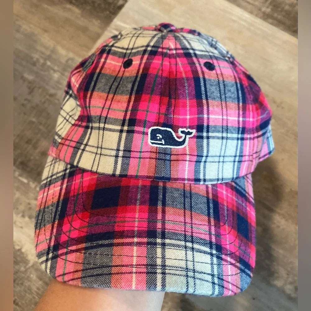 VINEYARD VINES Women's Pink Plaid Flannel Strap Back Cap Whale Logo - Picture 2 of 5
